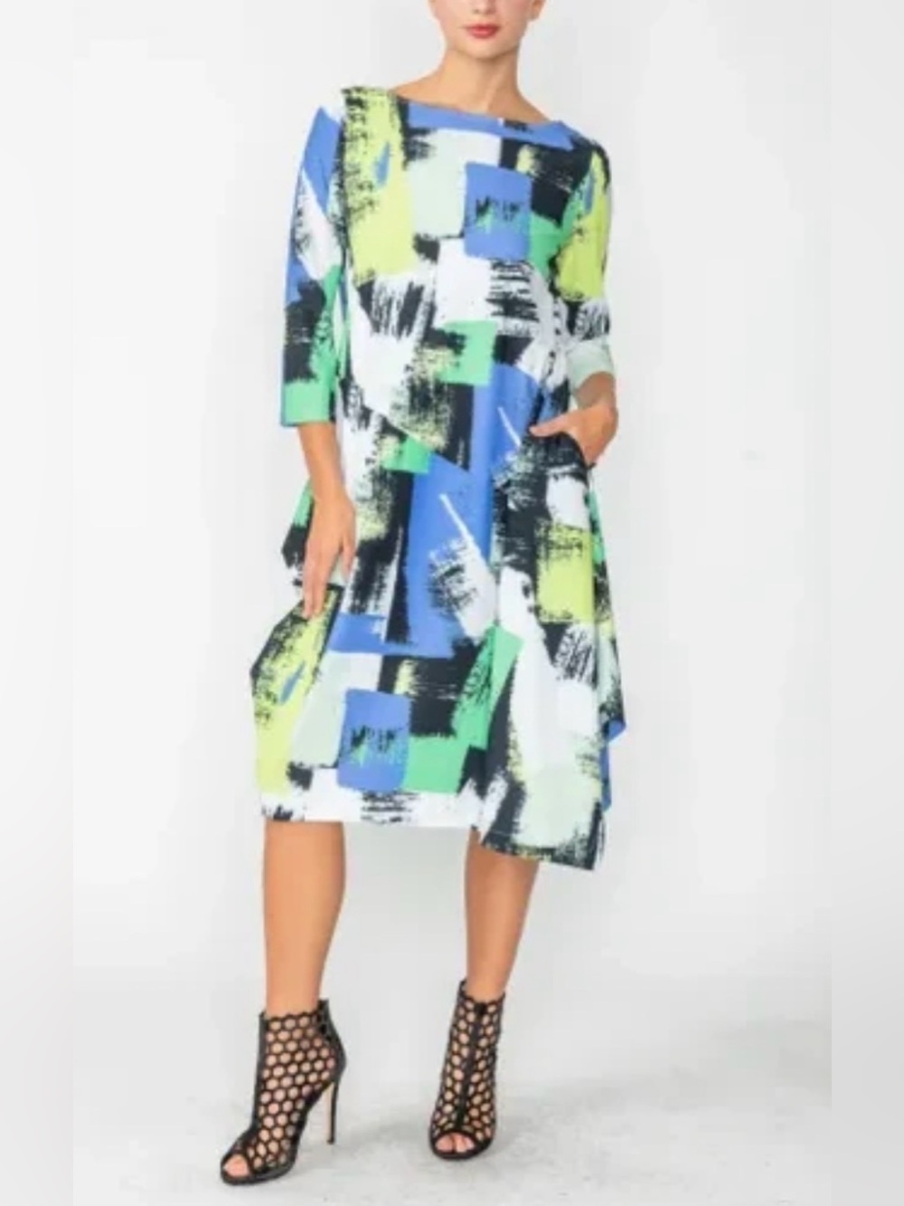 NEW IC Collection Abstract Geometric Print Asymmetrical Midi Dress Large